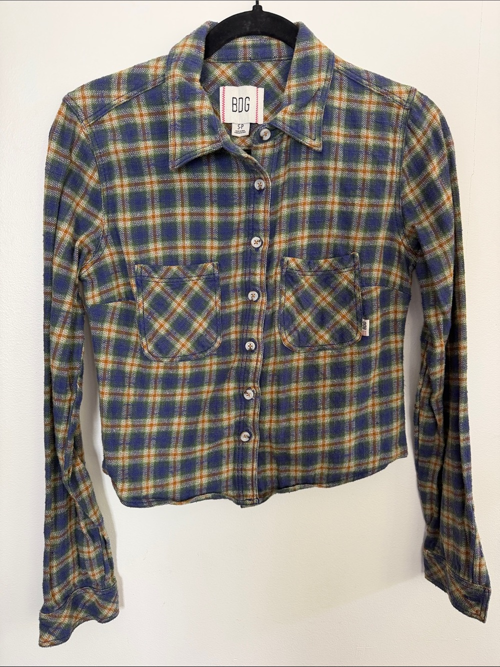 BDG Cropped Plaid Button-Up Shirt Jacket in Blue and Yellow